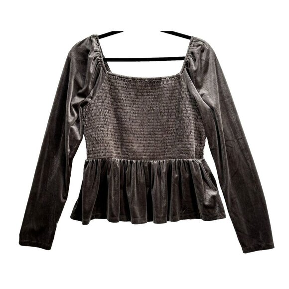 GAP Women Velvet Top Size L Brown Smocked Bust Peplum Hem Long Sleeve 7a-2 - Picture 1 of 12